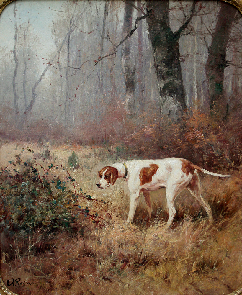 charles robert reyne french active in 19th 20th cent hunting dog on a forest glade hunting dogs dogs forest